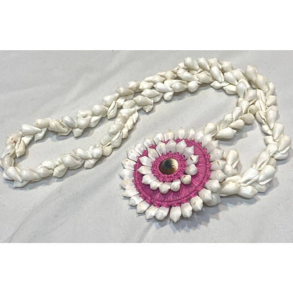 Chunky Bohemian Cowrie Shell Floral Pendant Necklace 30" Pink - Picture 3 of 5